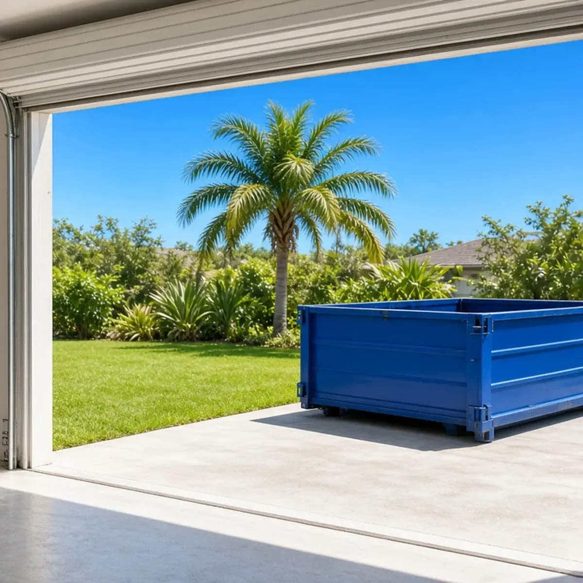 Tidy half-emptied garage with boxes and a small dumpster outside the door