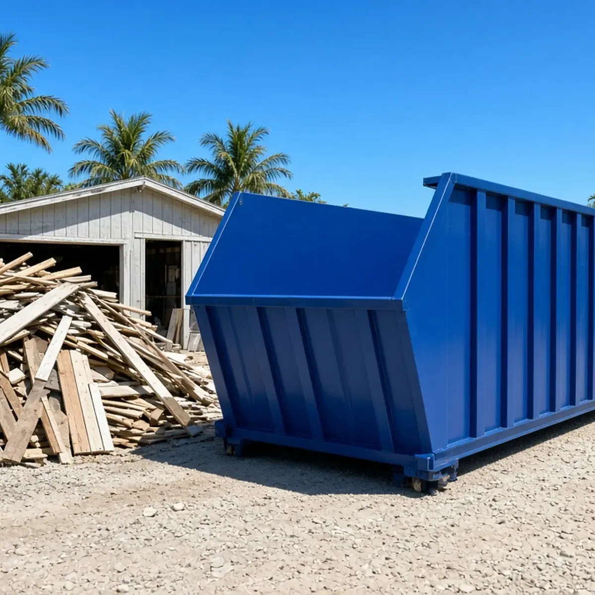 Detached garage being cleared beside a tall container
