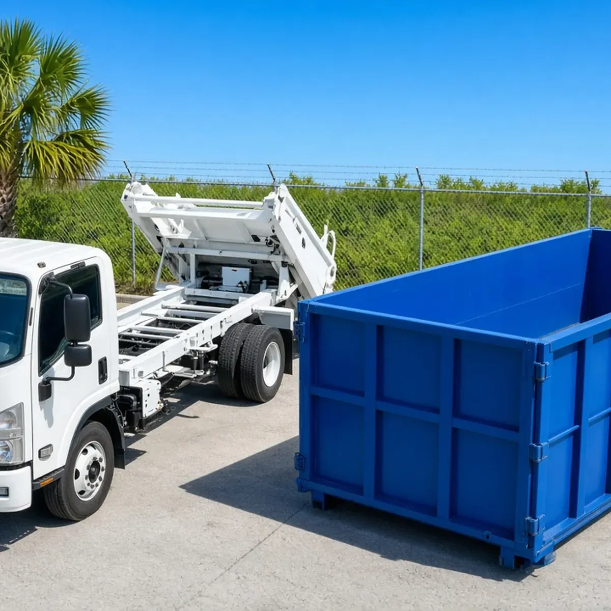 Roll-off truck parked beside an empty container at the edge of a paved yard