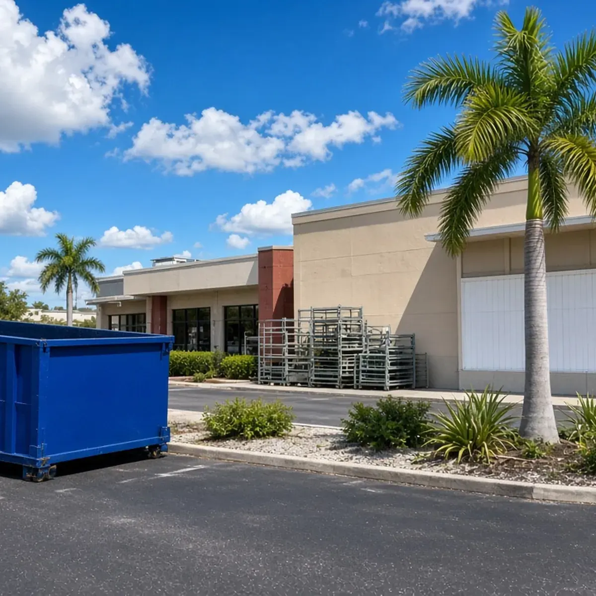 Roll-off container at the edge of a plaza parking lot beside a vacant storefront