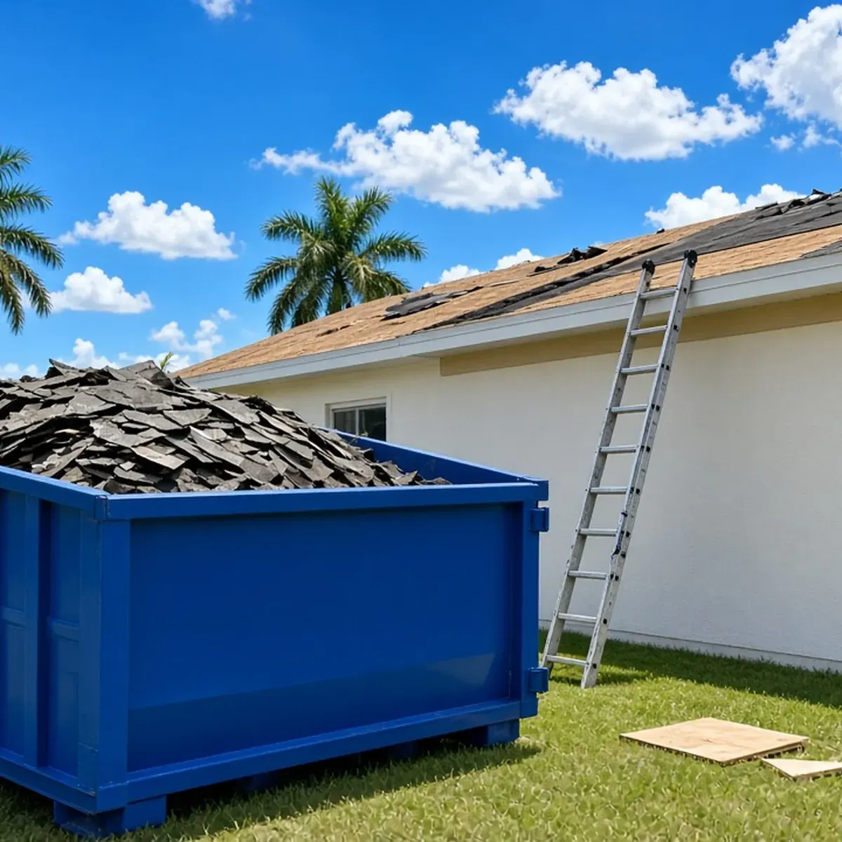Residential re-roof with old shingles piled in a blue container beside the house
