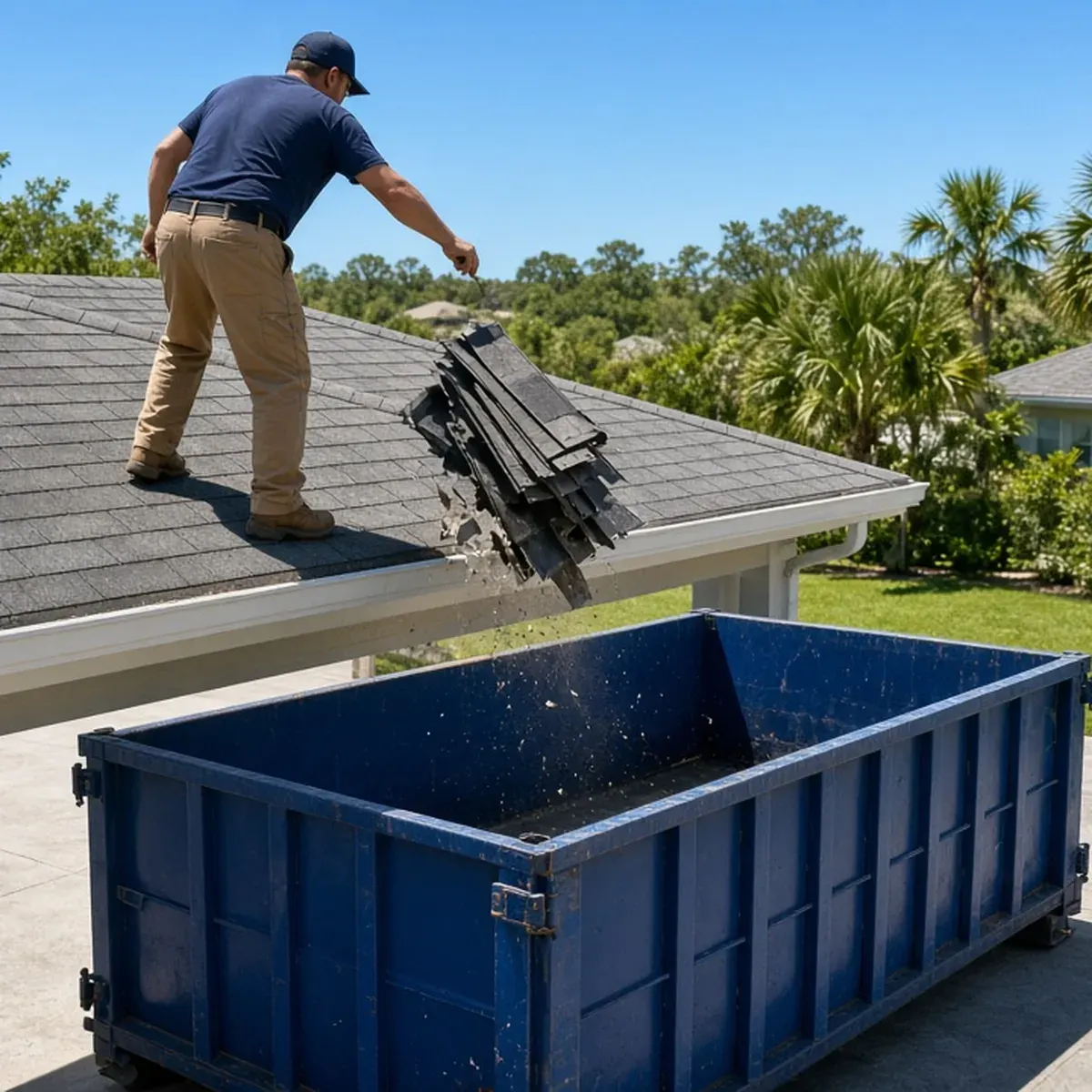 Roofer tossing old shingles from a roof edge into a container