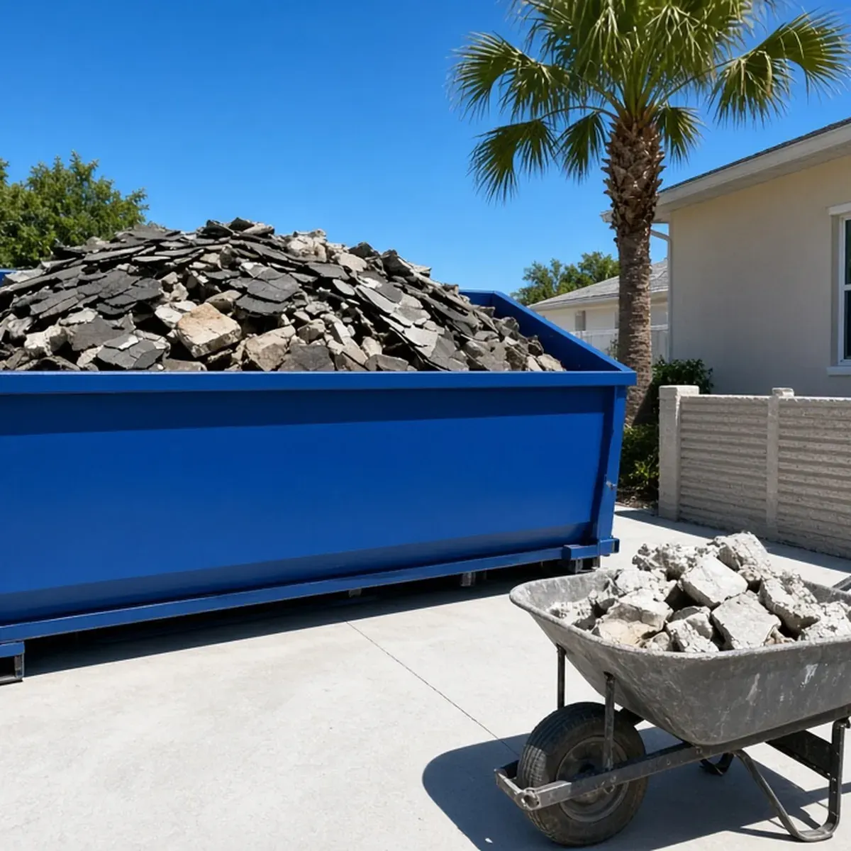 Dumpster loaded with roofing shingles and broken concrete to the rim