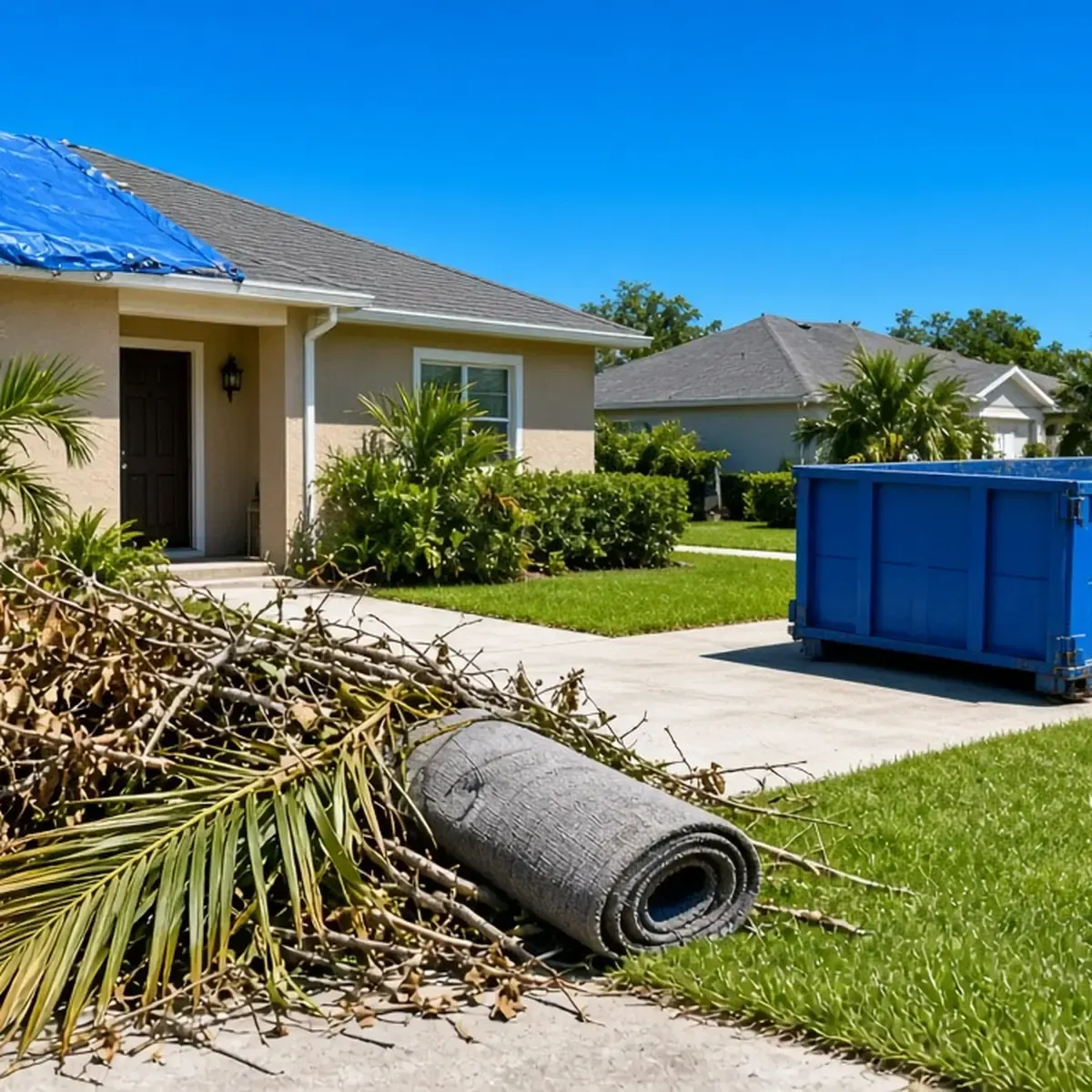 Curb pile of palm fronds, oak limbs and wet carpet with a tarp on a roof and a container waiting