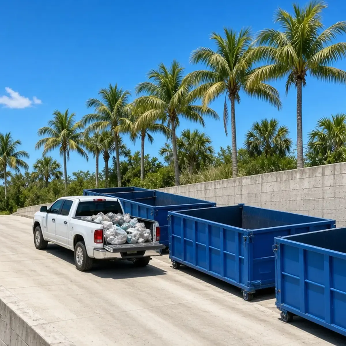 County drop-off facility with open-top containers along a retaining wall and a pickup unloading