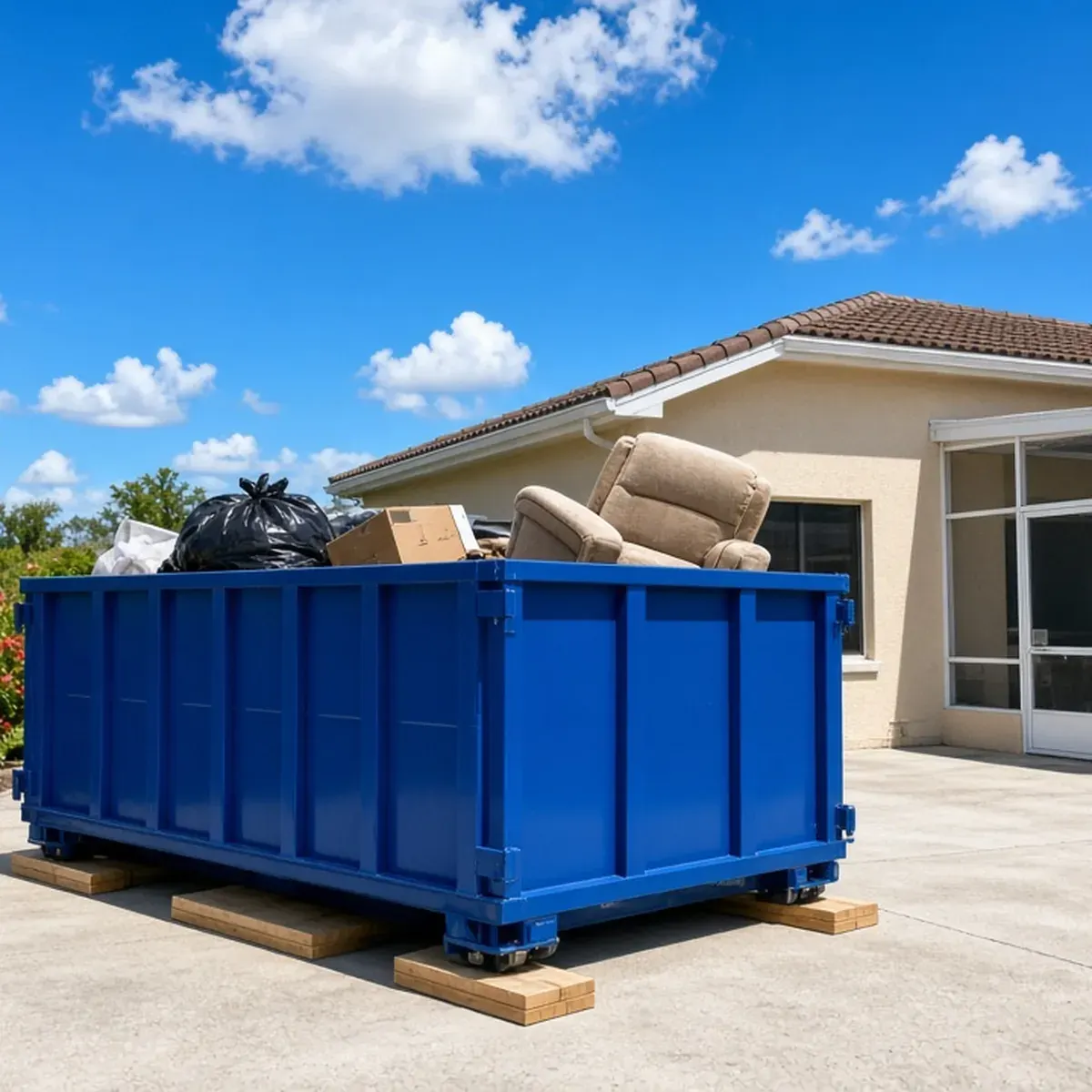 Driveway dumpster with household junk beside a house with a screened lanai