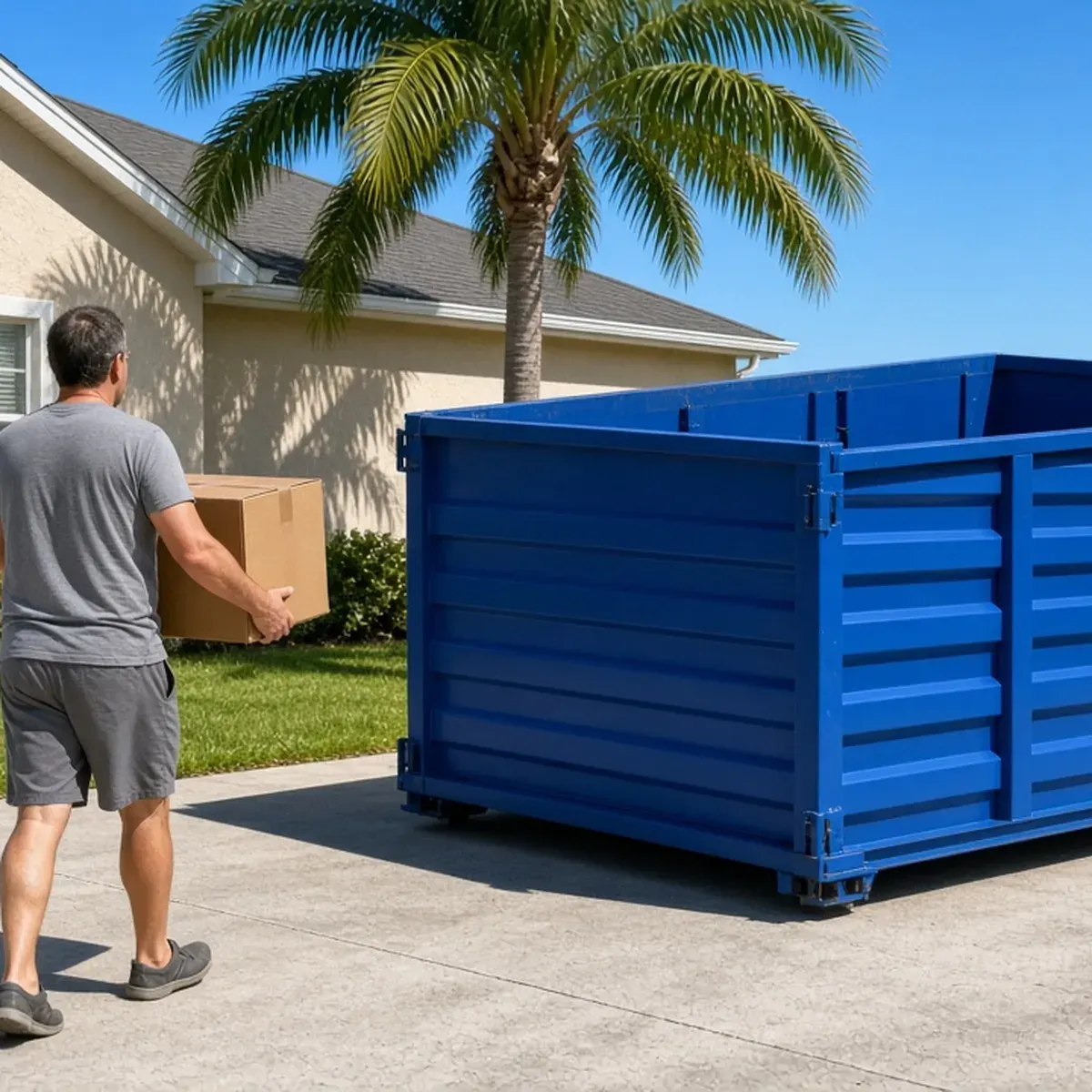 Homeowner carrying a box toward a driveway dumpster