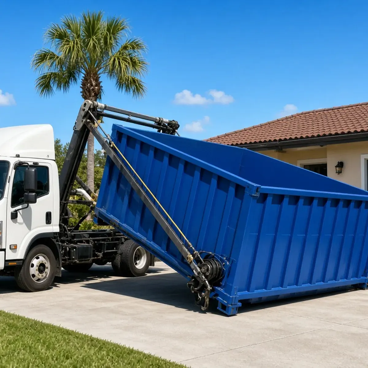 Roll-off truck sliding a blue container down onto a driveway