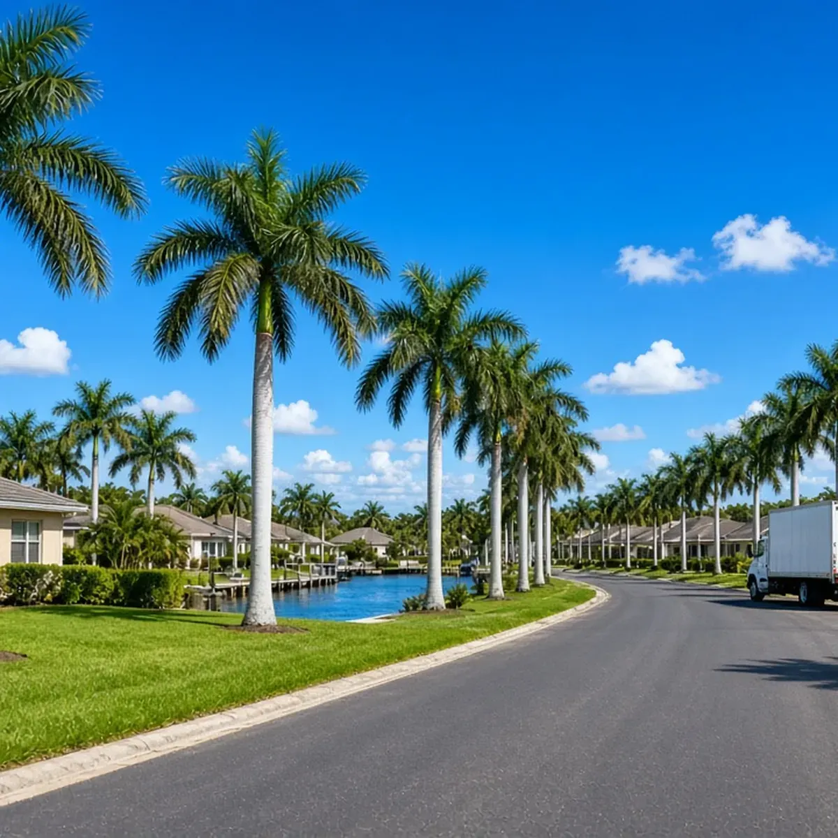 Quiet residential street with stucco houses, a canal and royal palms