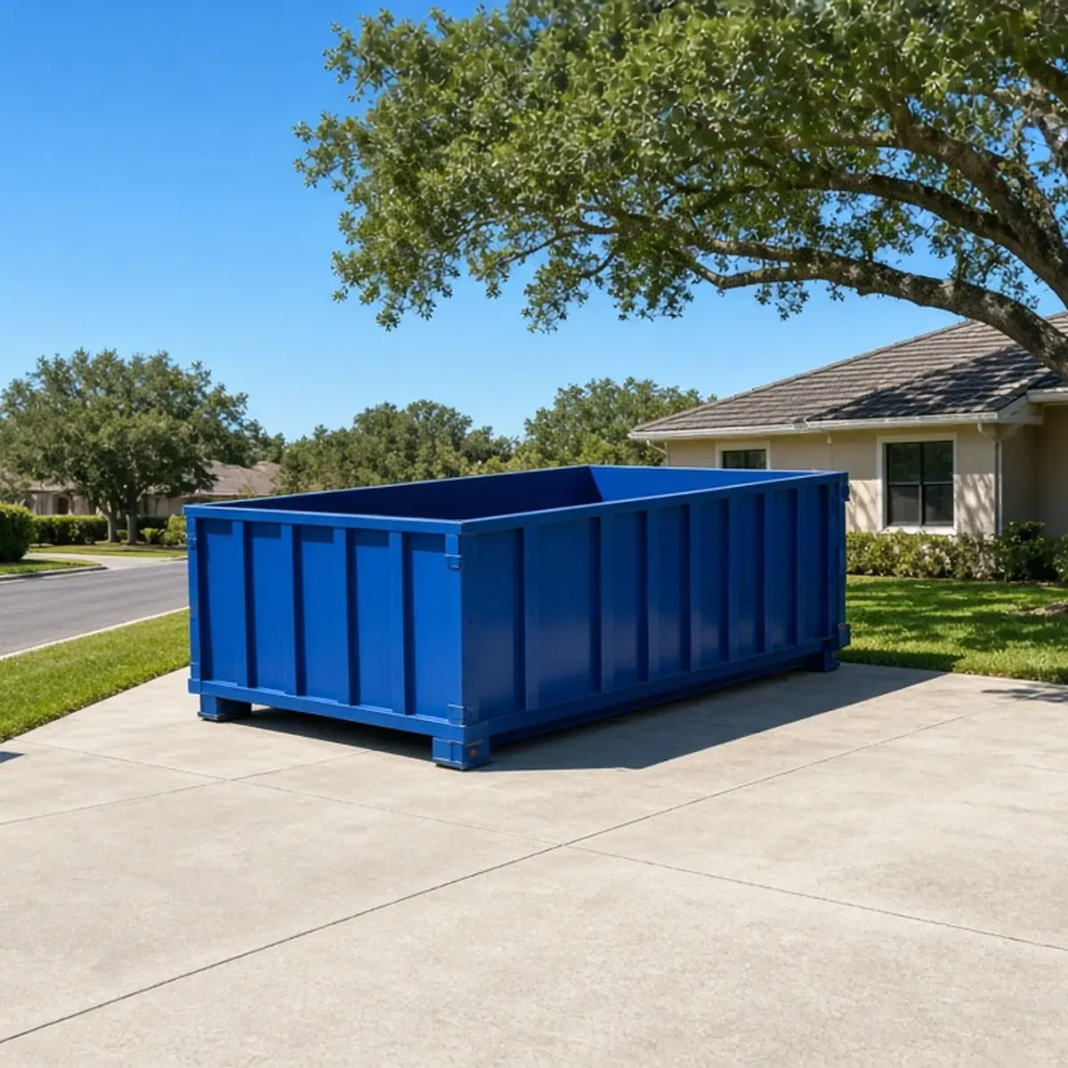 Corner-lot driveway with a blue dumpster under a live oak