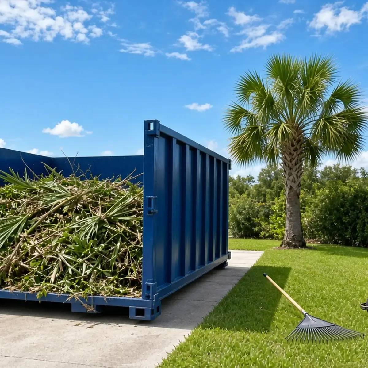 Container half full of palm fronds, branches and clippings on a lawn edge